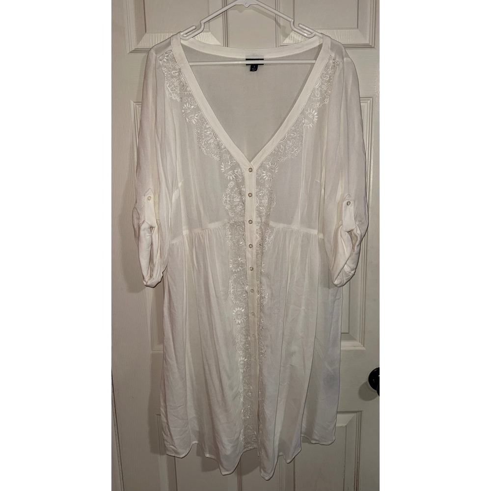 Torrid White Embroidered Button Front Babydoll Dress Roll Tab Sleeve Plus Size 1